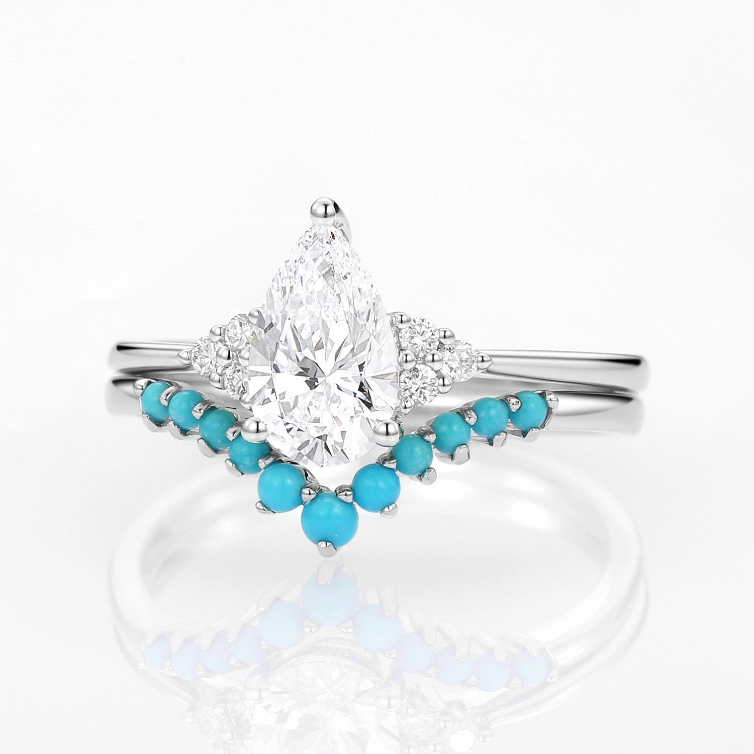 Elegant Edge 1.0ct Pear Lab Grown Diamond Classic Turquoise Ring Set 2pcs