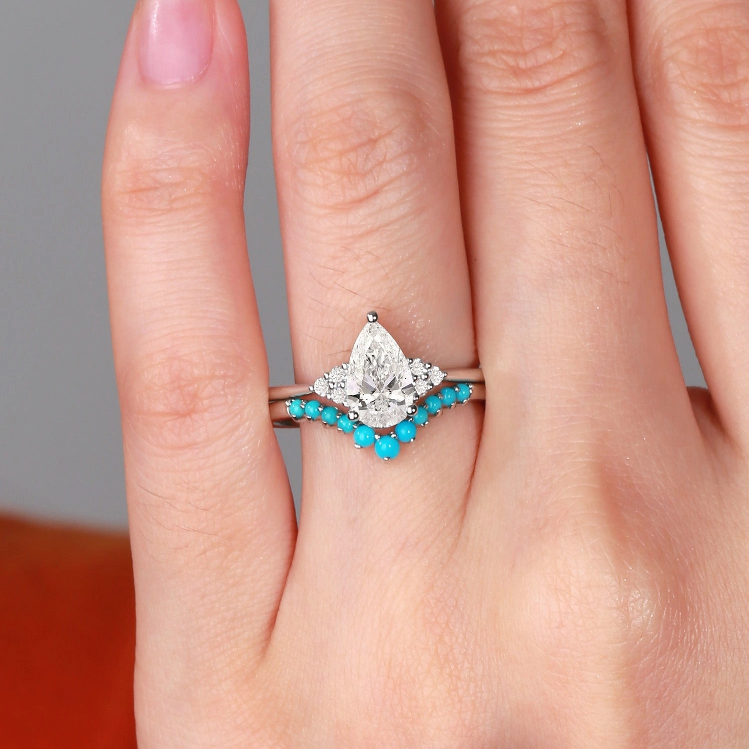 1.0ct Pear Lab Grown Diamond Classic Turquoise Ring Set 2pcs Stylish Flow Autumn Style