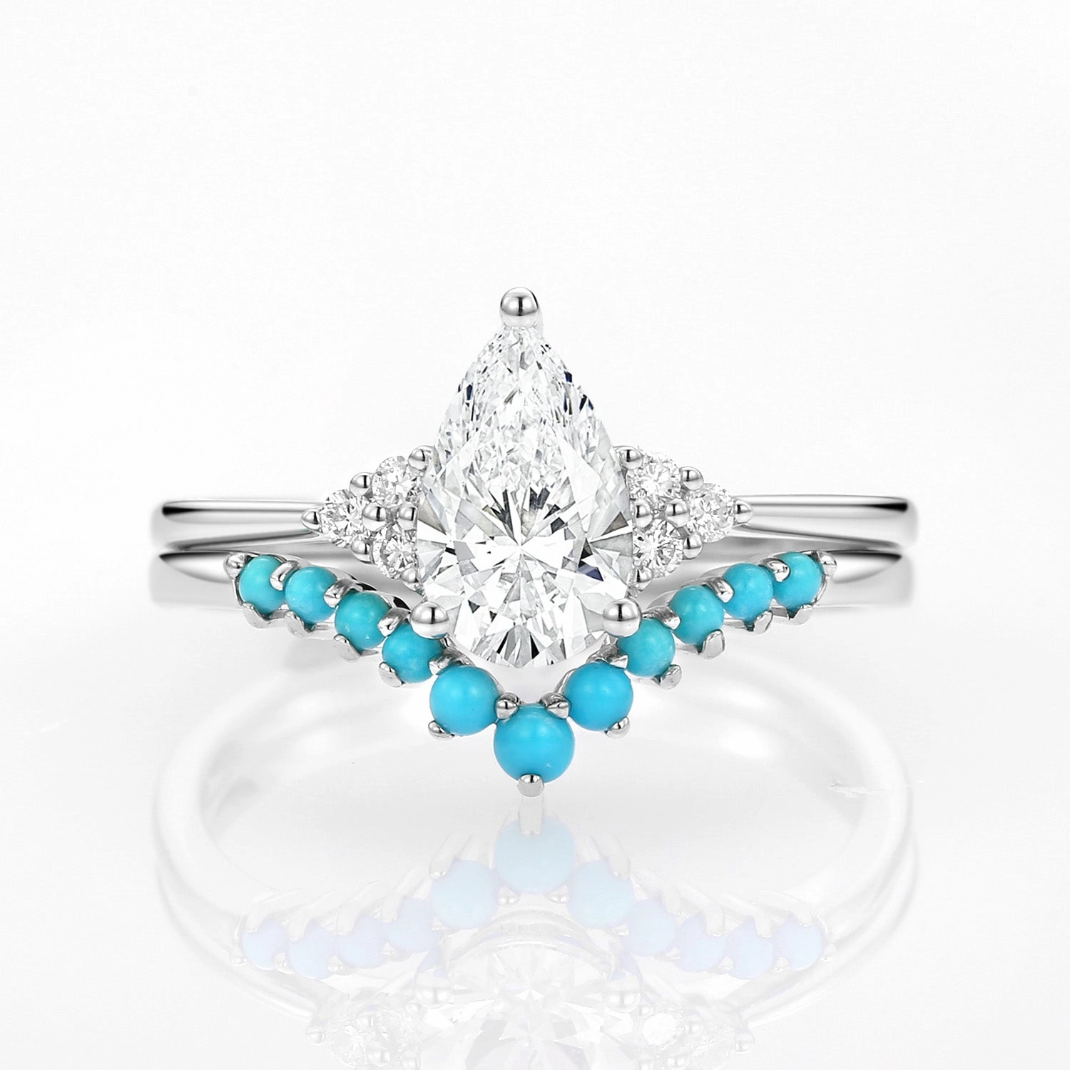 1.0ct Pear Lab Grown Diamond Classic Turquoise Ring Set 2pcs Brunch Date Luxe Moment
