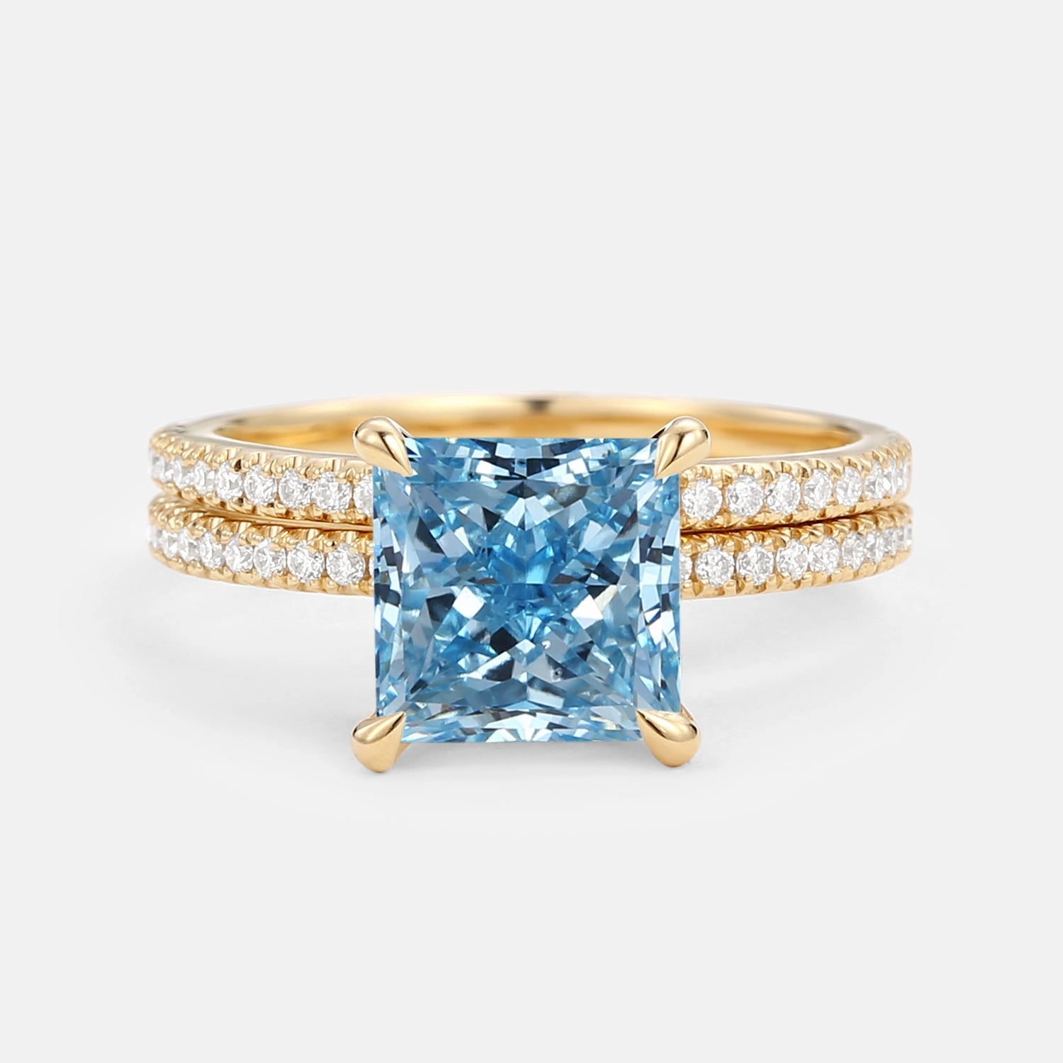 Handcrafted Form Premium Edge 1.0ct Princess Cut Blue Lab Grown Diamond Engagement Ring Set 2pcs - Belle