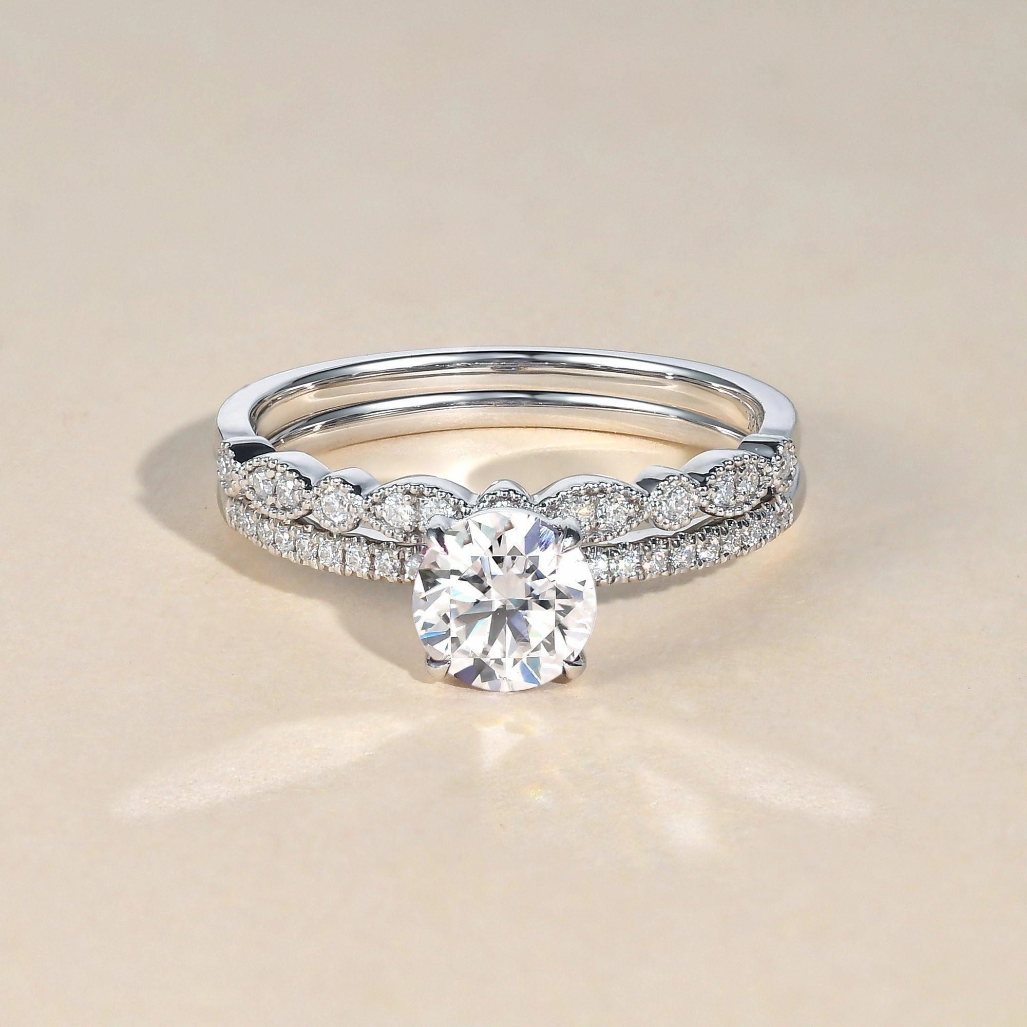 Effortless Glimmer Timeless Pieces 1.0ct Round Cut Moissanite 4 Prongs Gold Ring Set 2pcs