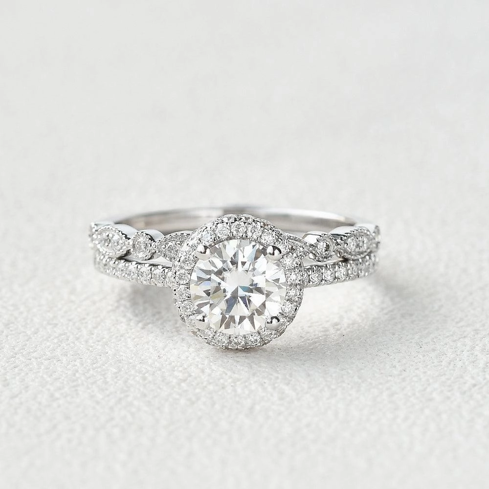 1.0ct Round Cut Moissanite Vintage Inspired Halo White Gold Ring Set 2pcs Statement Glow Heirloom Accent