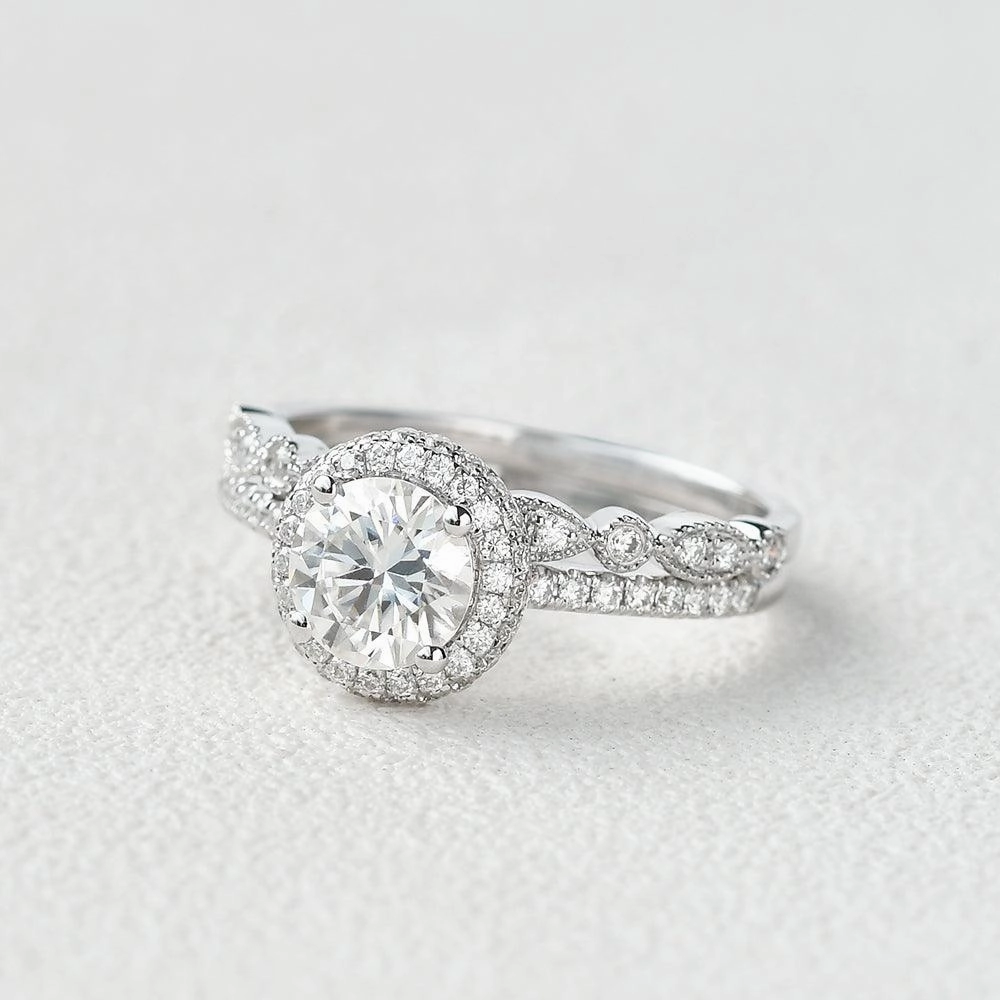 1.0ct Round Cut Moissanite Vintage Inspired Halo White Gold Ring Set 2pcs Unique Sparkle Delicate Accent