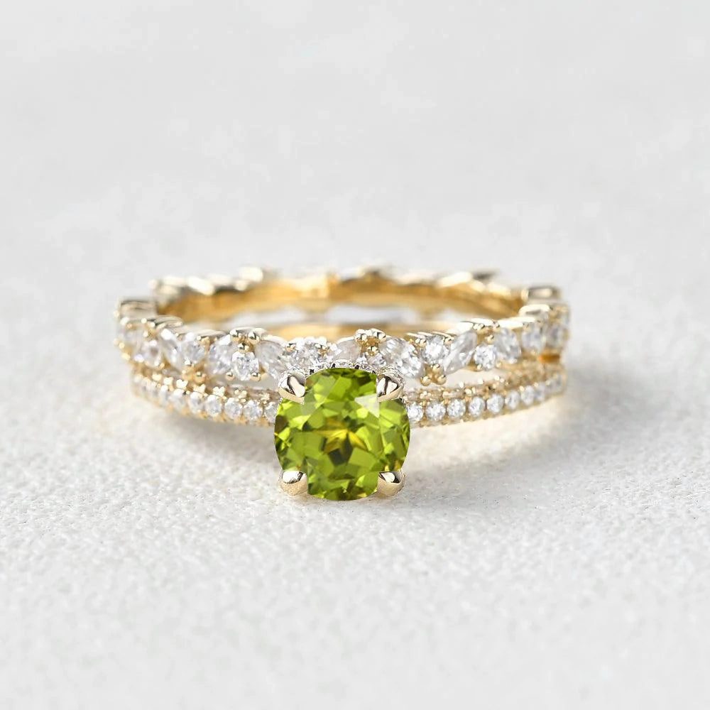 Sculptural Feel Light Feature 1.0ct Round Peridot Cluster Vintage Gold Ring Set 2pcs