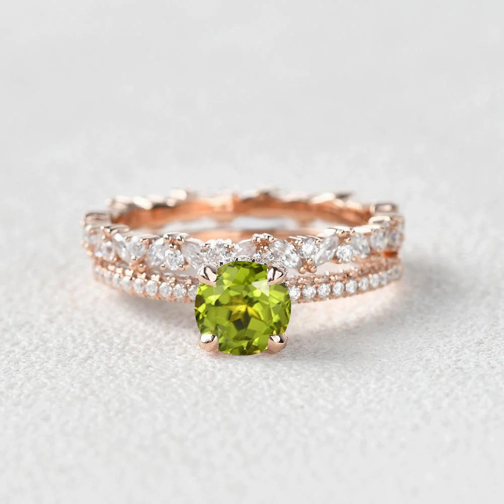 Fashionable Edge 1.0ct Round Peridot Cluster Vintage Gold Ring Set 2pcs