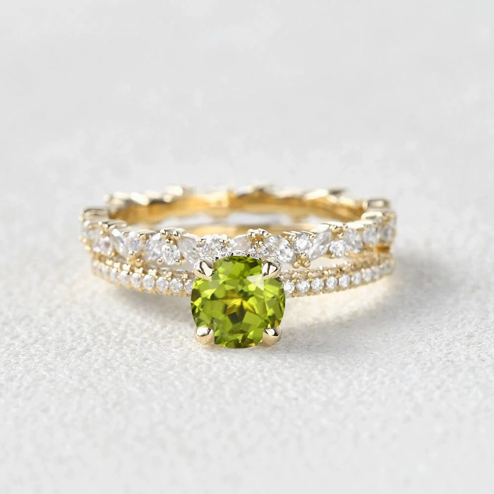 Bold Jewelry Pieces Fresh Design 1.0ct Round Peridot Cluster Vintage Gold Ring Set 2pcs