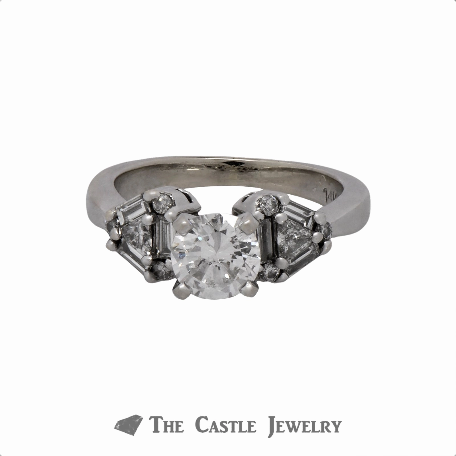 1.25cttw Diamond Engagement Ring with Baguette, Trillion and Round Cut Accents in 14k White Gold Bold Look Beautiful Trinket
