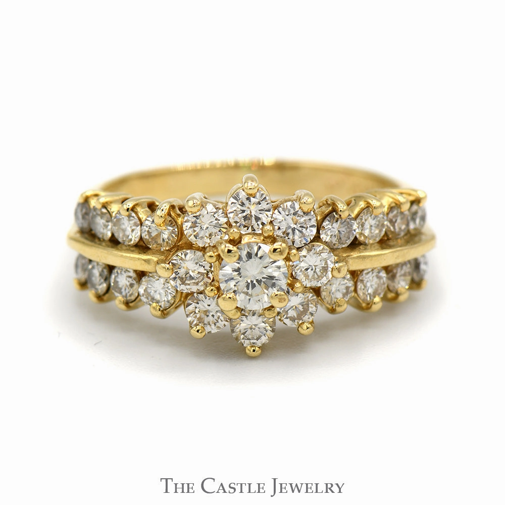 1.25cttw Flower Shaped Diamond Cluster Ring with Diamond Accented Sides in 14k Yellow Gold Office Accessory