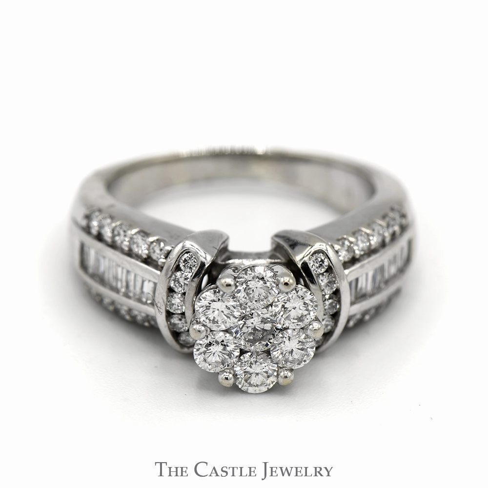 Pure Simplicity Part Of Collection 1.25cttw Round Diamond Cluster Ring with Accented Sides in 14k White Gold