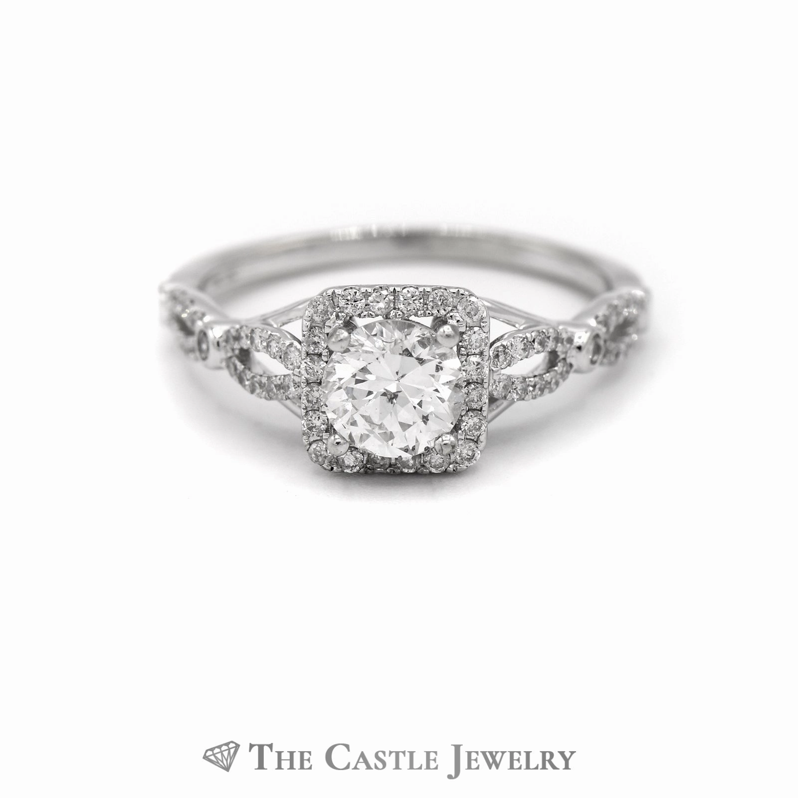 1.25CTTW Round Diamond Halo Engagement Ring with Twisted Sides in 14K White Gold Chic Craft Giftable Jewelry