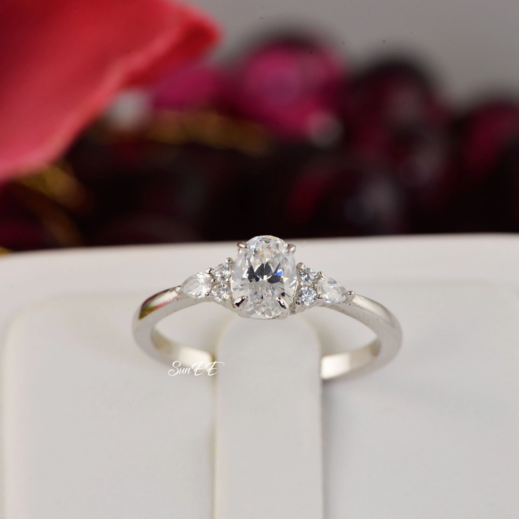 Any Occasion Premium Piece 1.2ct Oval with Marquise Promise Ring Diamond Simulated 925 Sterling Silver Wedding Ring SKU:00207