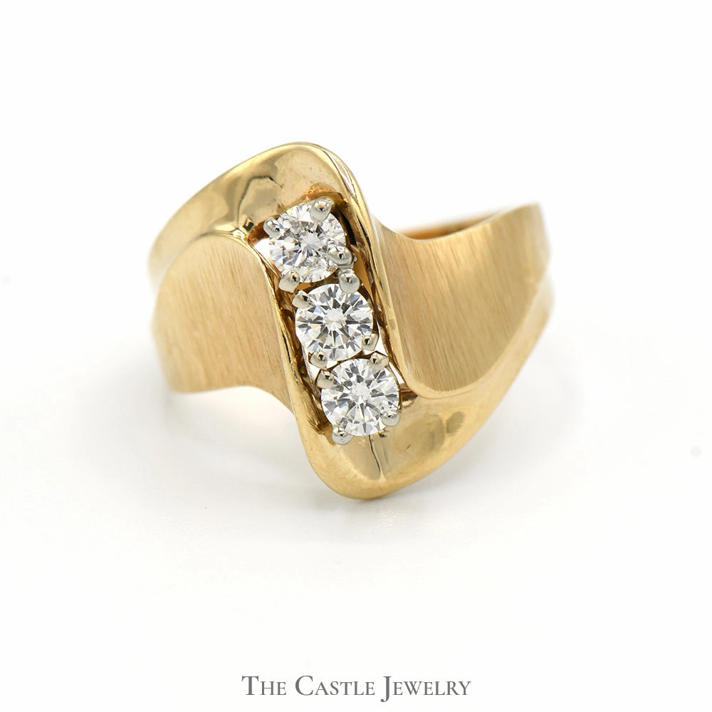 1/2cttw 3 Diamond Swirled Bypass Ring with Brushed/Polished Detail in 14k Yellow Gold Modern Object Sparkling look