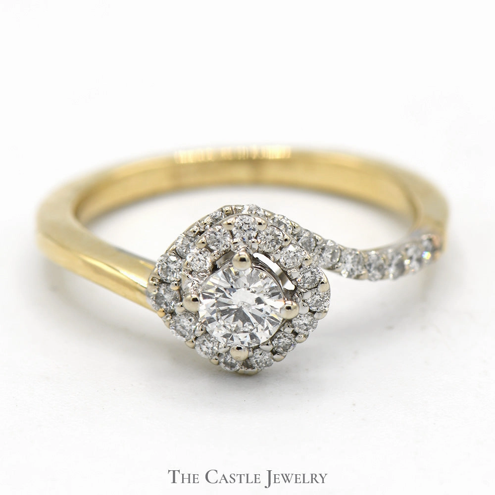 Wedding Favor 1/2cttw Bypass Diamond Solitaire Ring with Diamond Halo and Accents in 14k Yellow Gold