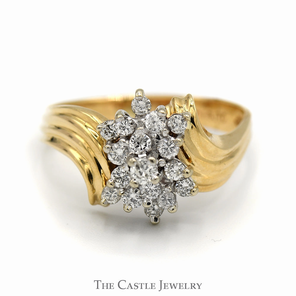 Excellent Craft 1/2cttw Cocktail Diamond Cluster Ring in 14k Yellow Gold Ridged Bypass Mounting