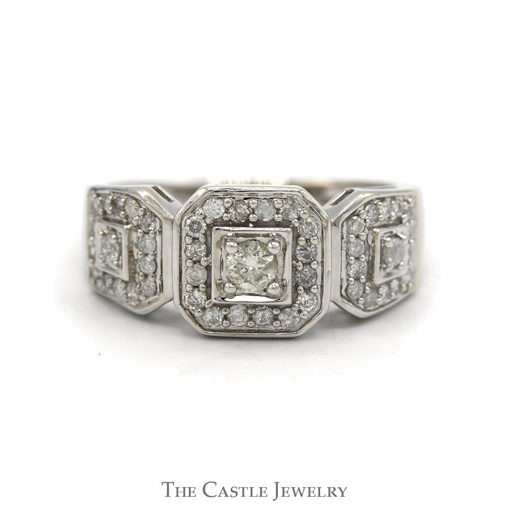 Secure look 1/2cttw Diamond Band with Square Shaped Triple Diamond Halos in 10k White Gold