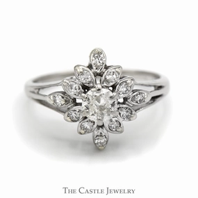 1/2cttw Diamond Flower Cluster Ring in 14k White Gold Split Shank Setting Beautiful Ornament Elegant Symbol