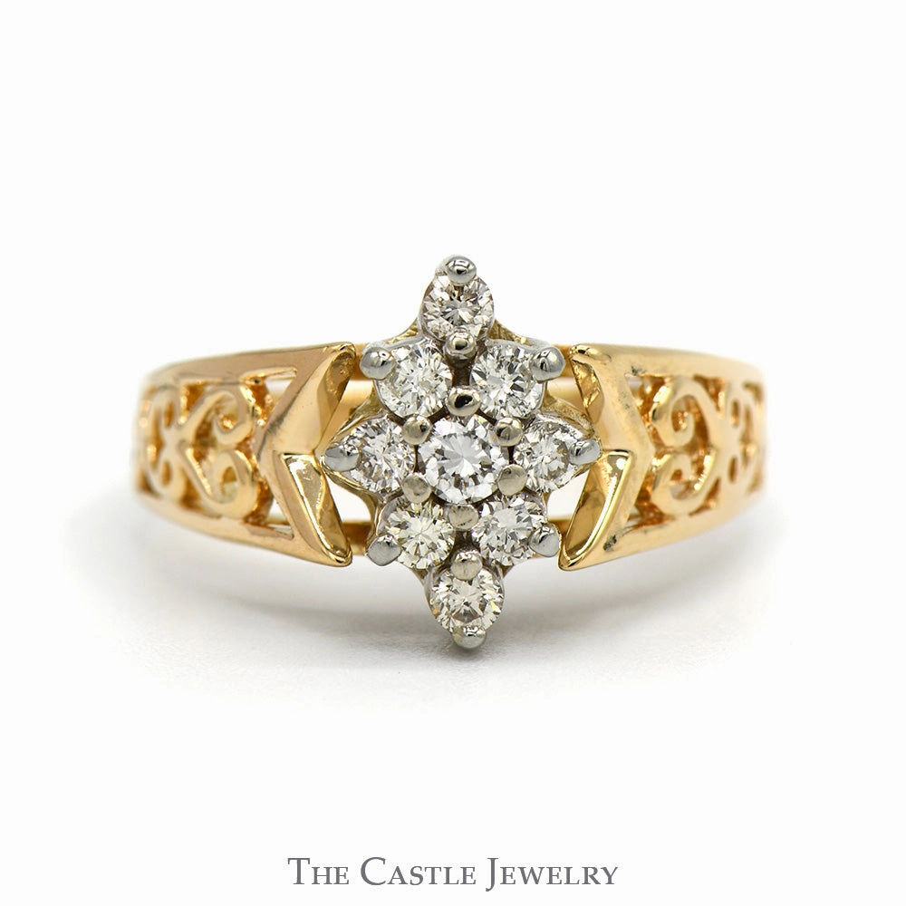 1/2cttw Marquise Shaped 9 Diamond Cluster Ring with Open Filigree Sides in 10k Yellow Gold Ensemble Collection Essential Gift