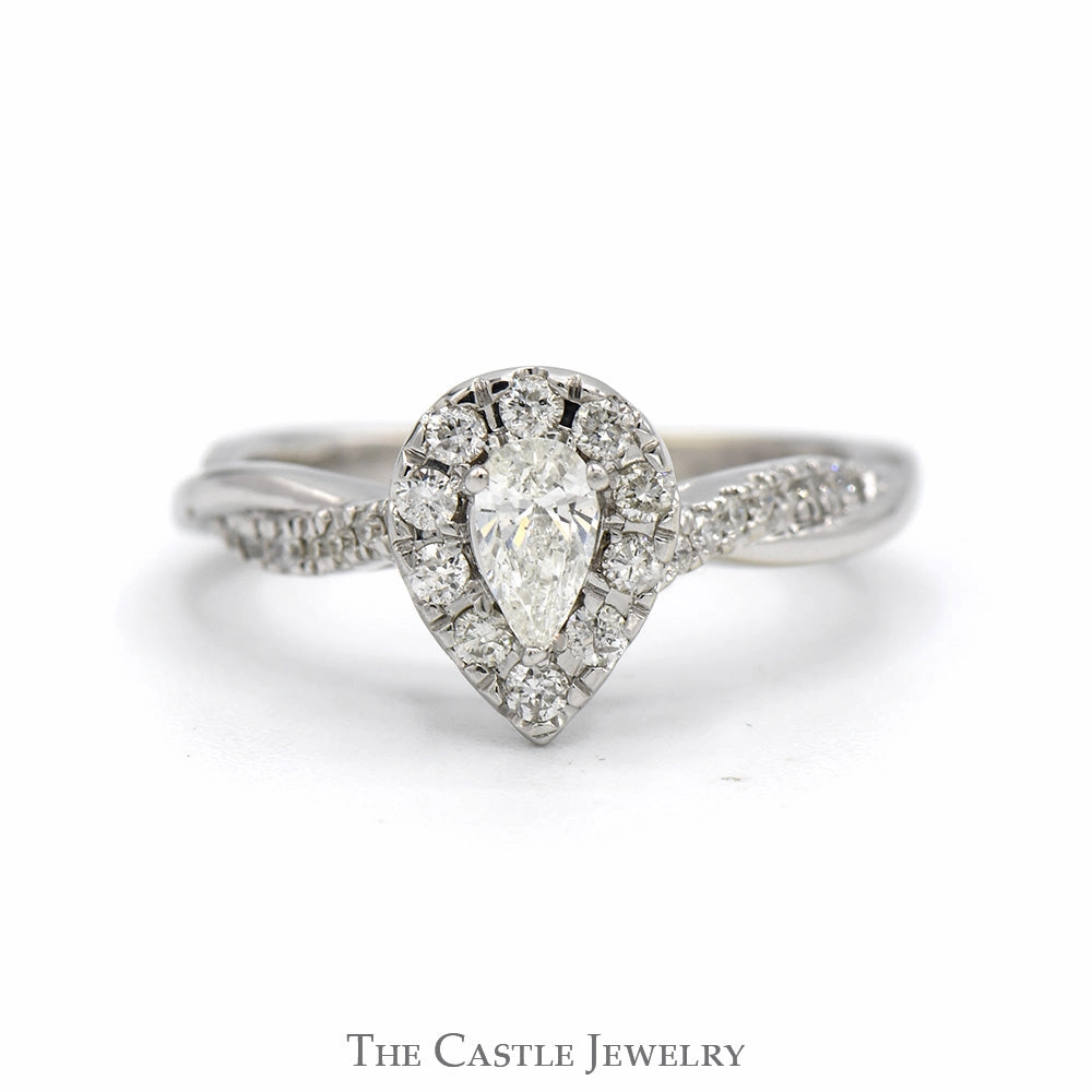 Smooth Touch 1/2cttw Pear Cut Diamond Engagement Ring with Diamond Halo and Accented Sides in 10k White Gold