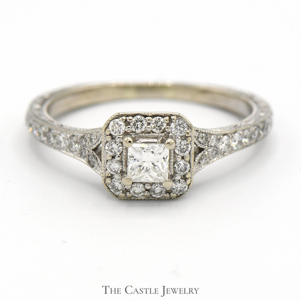 1/2cttw Princess Cut Diamond Engagement Ring with Halo and Accents in 10k White Gold Rural Elegance