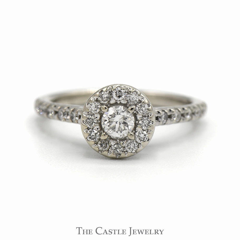 1/2cttw Round Diamond Engagement Ring with Diamond Halo and Accented Sides in 14k White Gold Durable Symbol