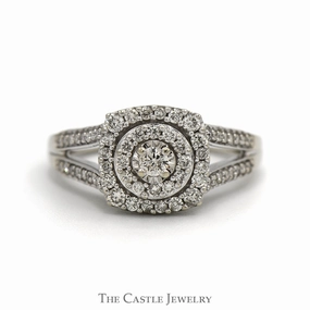 Exquisite Adornment Classic Creation 1/2cttw Round Diamond Engagement Ring with Double Diamond Halo and Accented Split Shank Sides in 10k White Gold