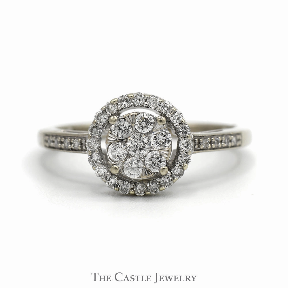 Bold Ornament Affordable Insignia 1/2cttw Round Shaped Diamond Cluster Ring with Diamond Halo and Accented Sides in 14k White Gold