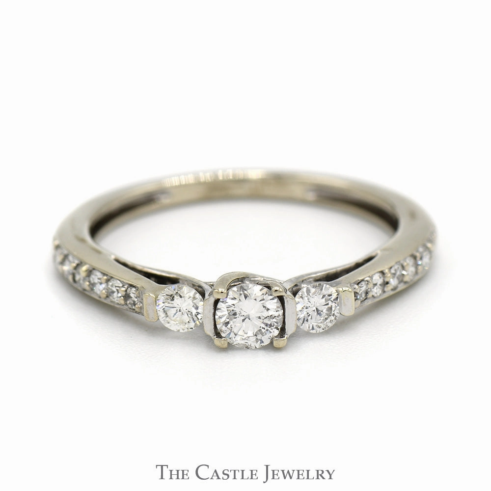 Stylish Bauble Excellent Statement 1/2cttw Three Stone Diamond Engagement Ring with Diamond Accents in 14k White Gold