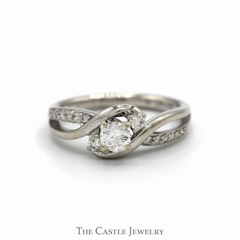1/2cttw Three Stone Engagement Ring with Diamond Accents in 14k White Gold Bypass Mounting Off The Rack
