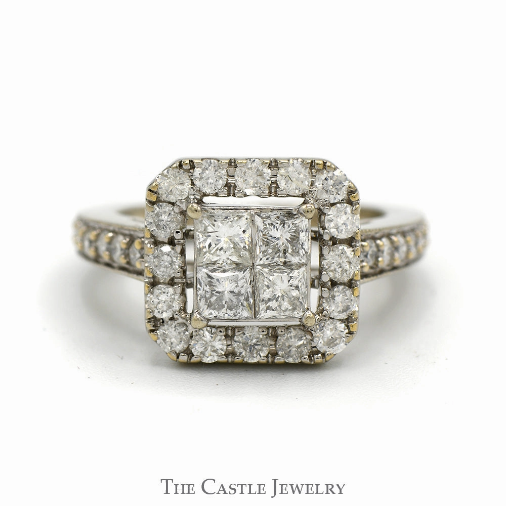 1.33cttw Invisi-set Princess Cut Diamond Cluster Engagement Ring with Diamond Halo and Accented Sides in 10k White Gold Vintage Creation