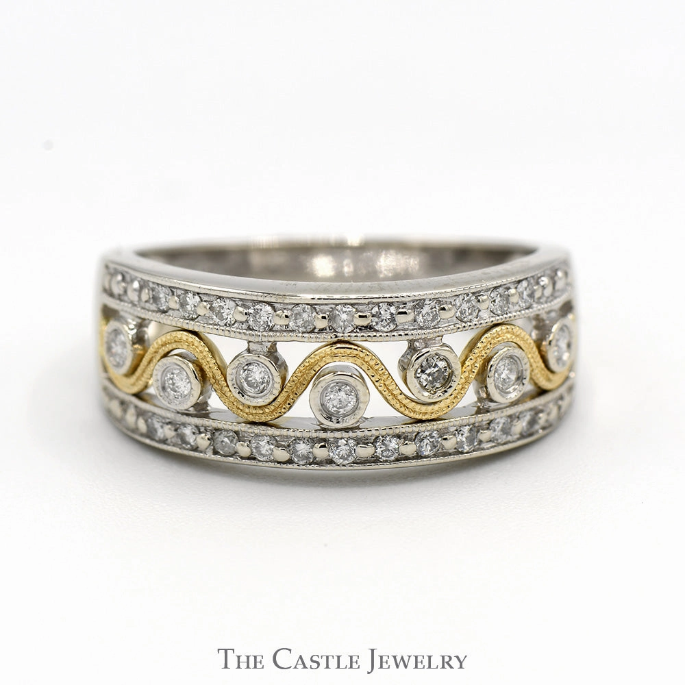 Fashionable Accessory Economical Article 1/3cttw Diamond Band with Wavy Two Tone Design in 14k White and Yellow Gold