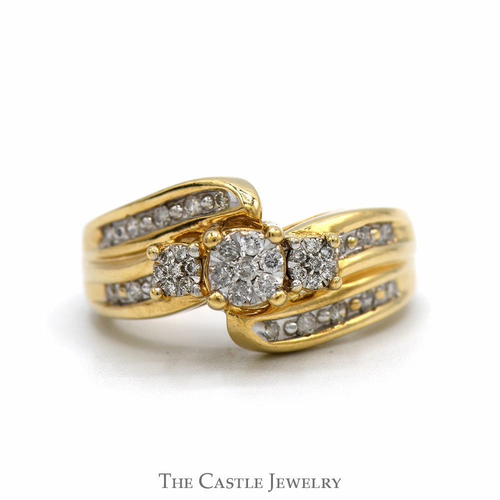 Simple Bauble Elegant Craft 1/3cttw Triple Diamond Cluster Ring with Accented sides in 10k Yellow Gold