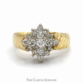 1/4cttw Diamond Starburst Cluster Ring with Ridged Sides in 14k Yellow Gold Year Round Impressive Gift