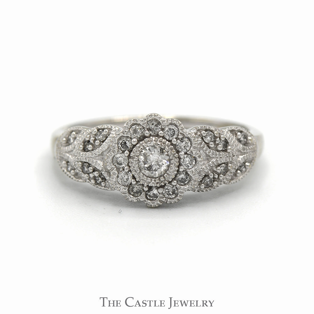 1/4cttw Flower Shaped Diamond Cluster Ring with Beaded Detail and Accented Sides in 10k White Gold Sparkling Adornment Creative Edge