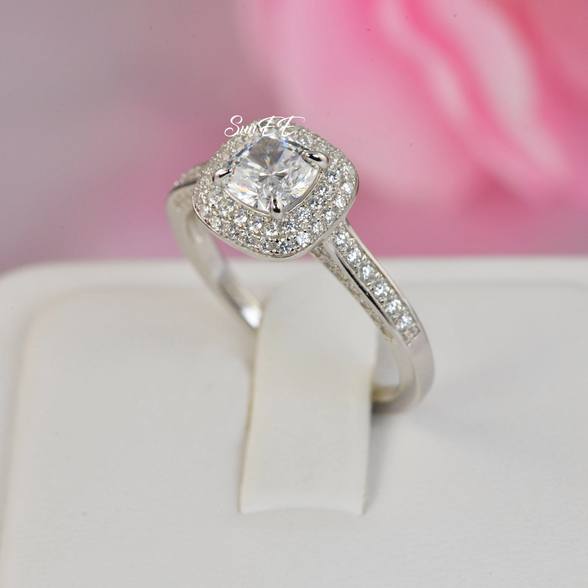 1.57ct Double Halo Cushion Cut with Heart Bridal Wedding Engagement Ring Diamond Simulated 925 Sterling Silver Anniversary Rings SKU:00230 Romantic Expression