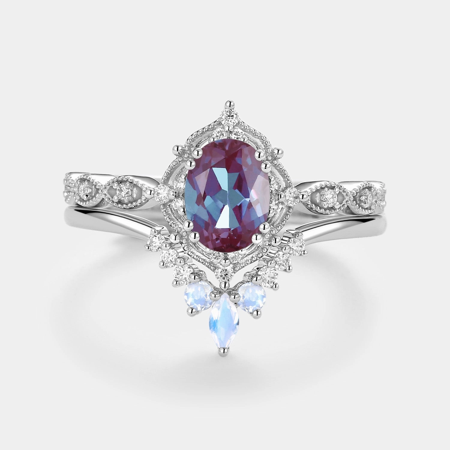 1.5ct Alexandrite Signature Vintage Luna Ring Set 2pcs Lightweight Accent