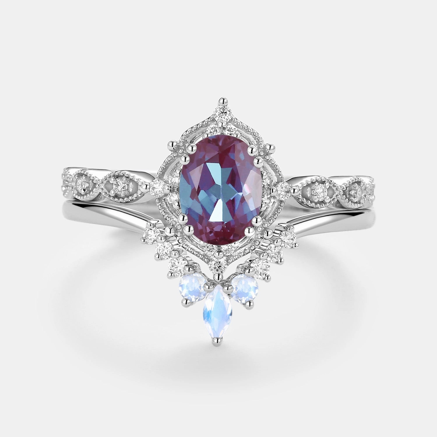 1.5ct Alexandrite Signature Vintage Luna Ring Set 2pcs Fashion Pop