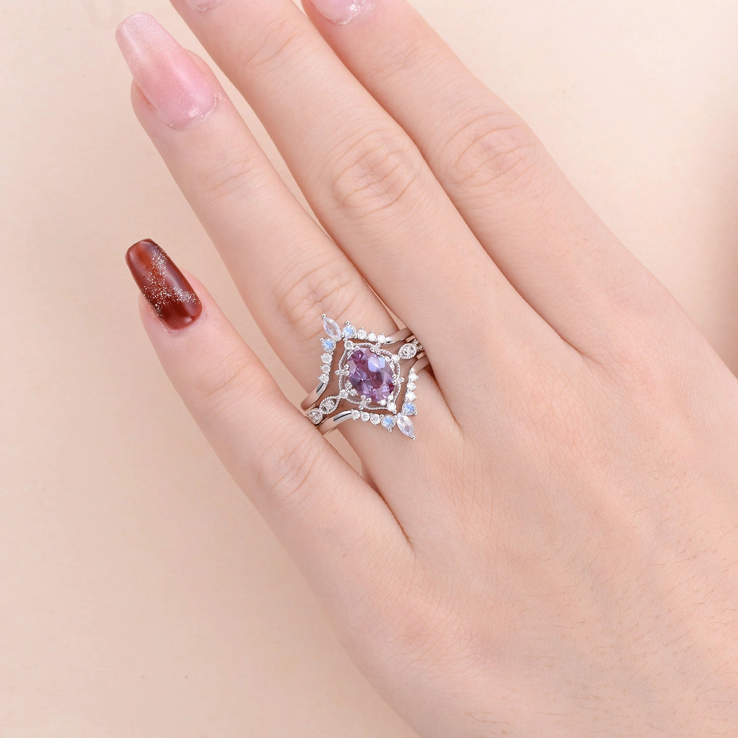 1.5ct Alexandrite Signature Vintage Luna Ring Set 3pcs Ethereal Mood