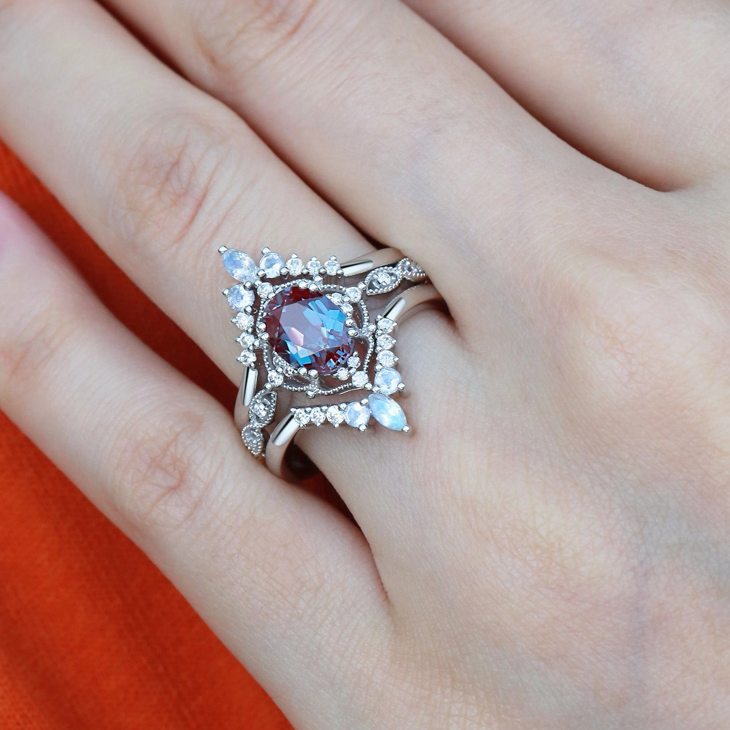 1.5ct Alexandrite Signature Vintage Luna Ring Set 3pcs Cute Accent