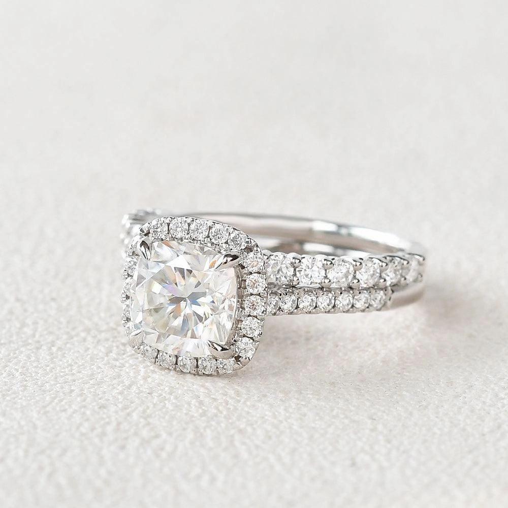 1.5ct Cushion Cut Moissanite Halo White Gold Ring Set 2pcs Bold Glance
