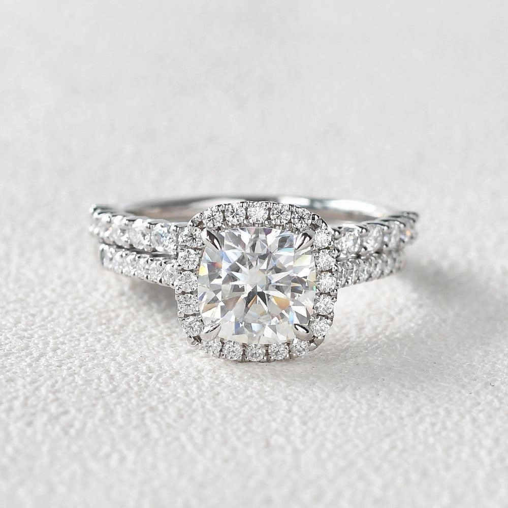 Perfect Sparkle 1.5ct Cushion Cut Moissanite Halo White Gold Ring Set 2pcs