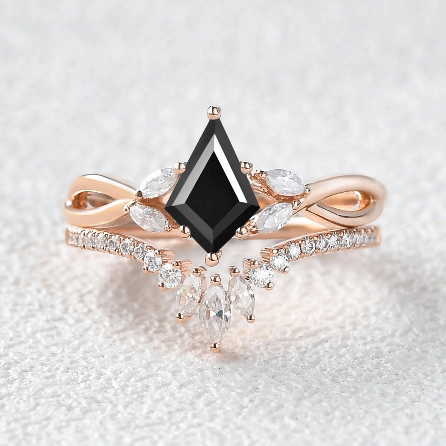 1.5ct Kite Shaped Black Moissanite Infinity Engagement Ring Sets 2pcs Shine Bright Elegant Update