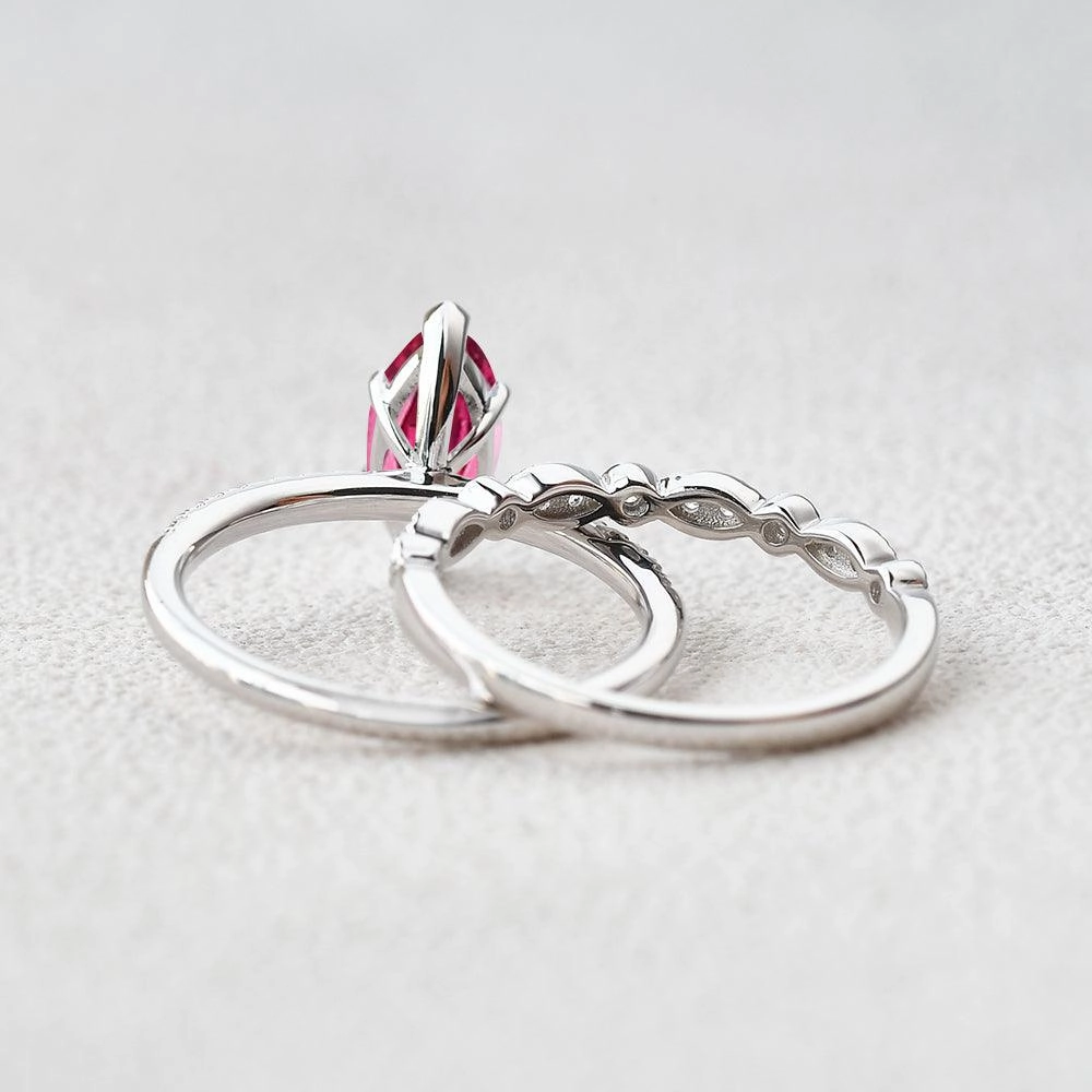 Luxury Appeal Everyday Edge 1.5ct Marquise Ruby Pave Vintage Solitaire Ring Set 2pcs