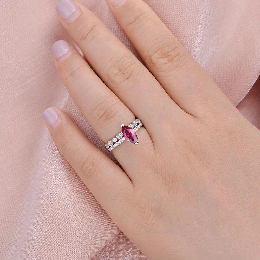 1.5ct Marquise Ruby Pave Vintage Solitaire Ring Set 2pcs Effortless Chic Wedding Ensemble