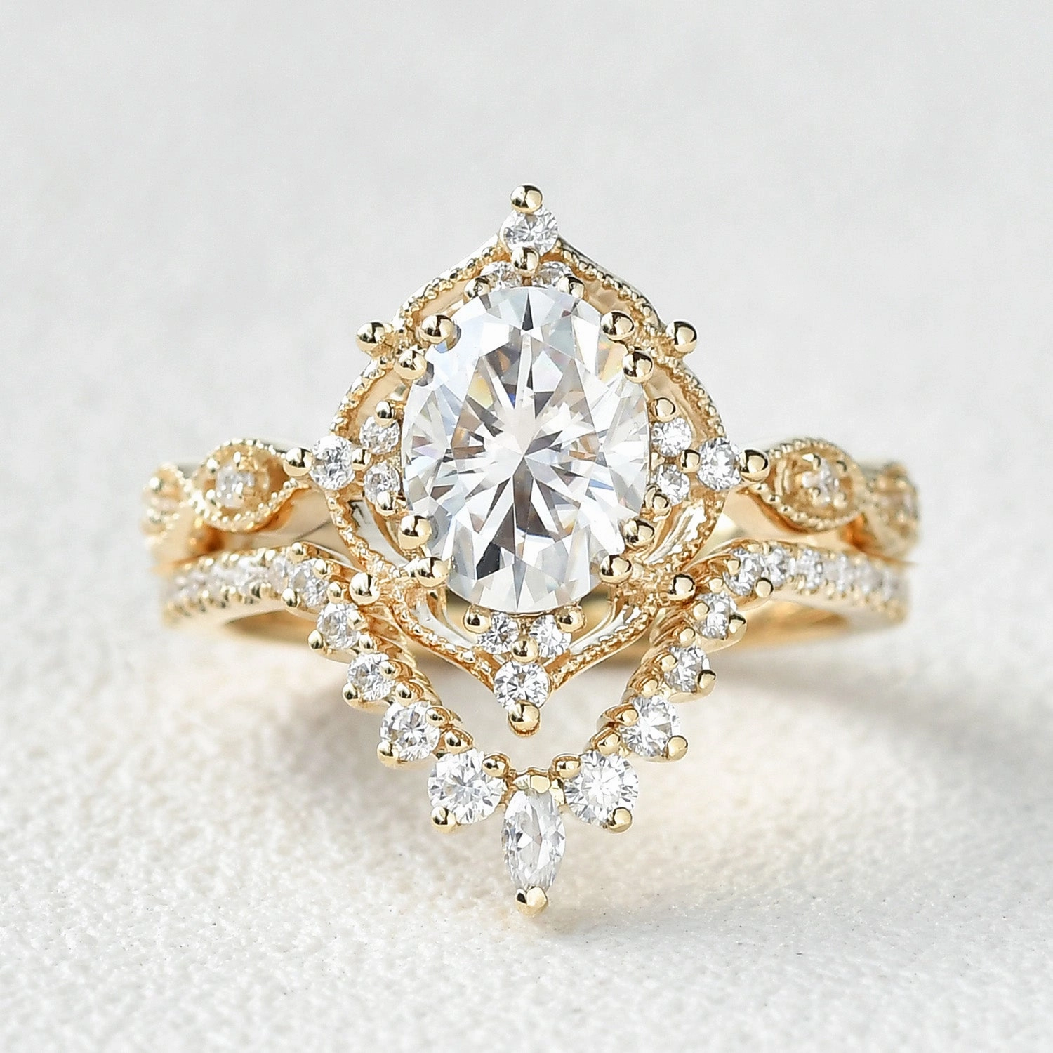 1.5ct Moissanite Vintage Inspired Chevron Ring Set 2pcs Glow Up party look