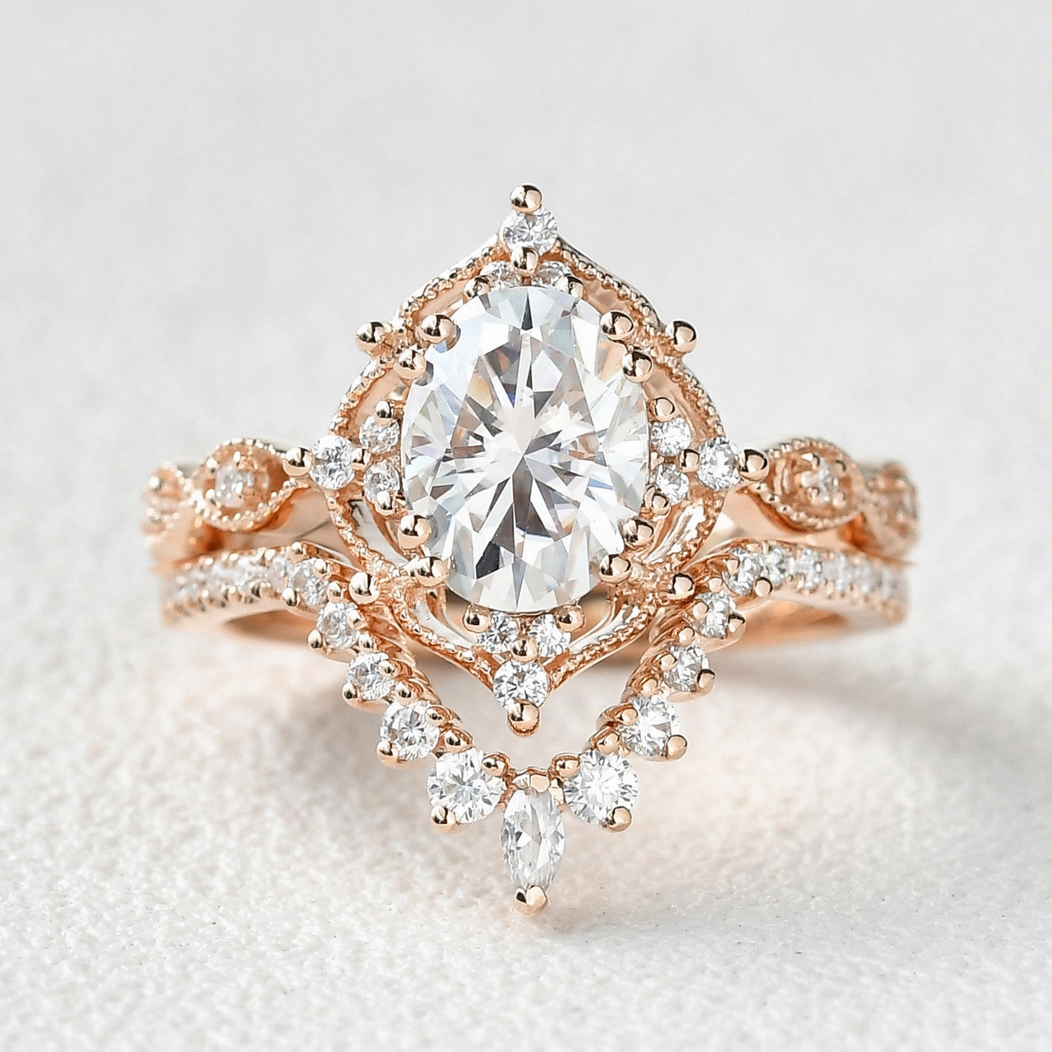 Creative Touch Night Shine 1.5ct Moissanite Vintage Inspired Chevron Ring Set 2pcs