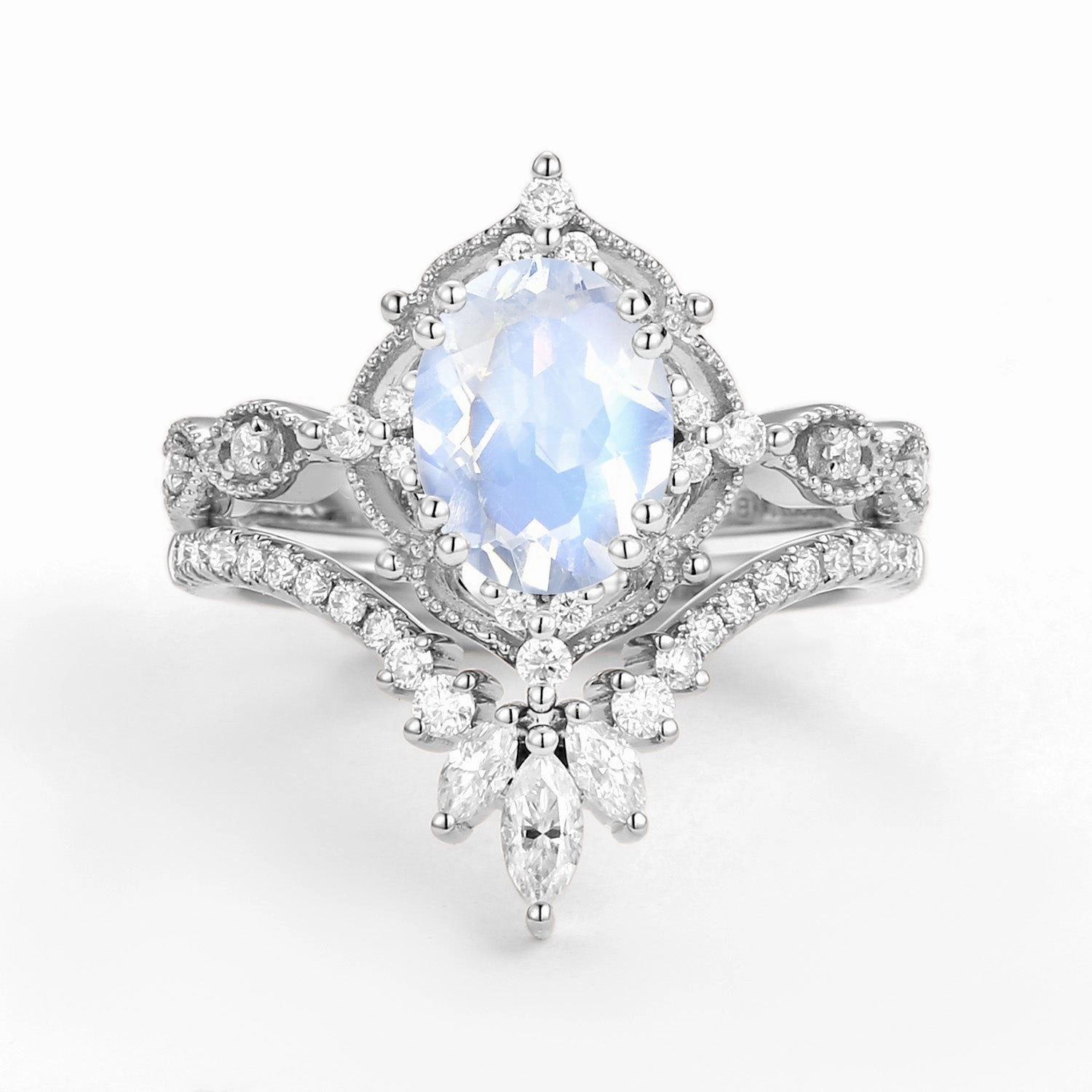 Understated Form Light Feature 1.5ct Moonstone Signature Vintage Chevron Ring Set 2pcs