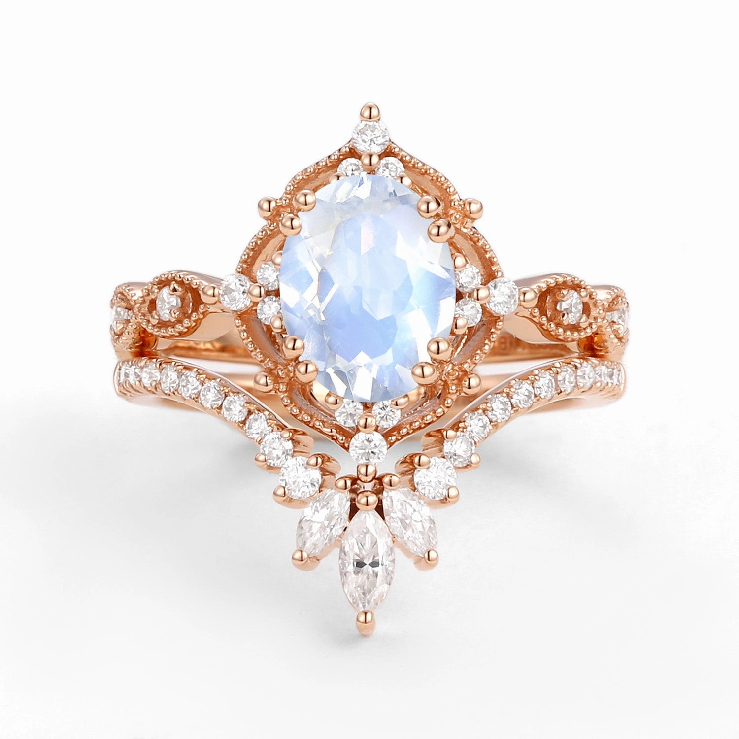 Cozy Look Radiant Detail 1.5ct Moonstone Signature Vintage Chevron Ring Set 2pcs