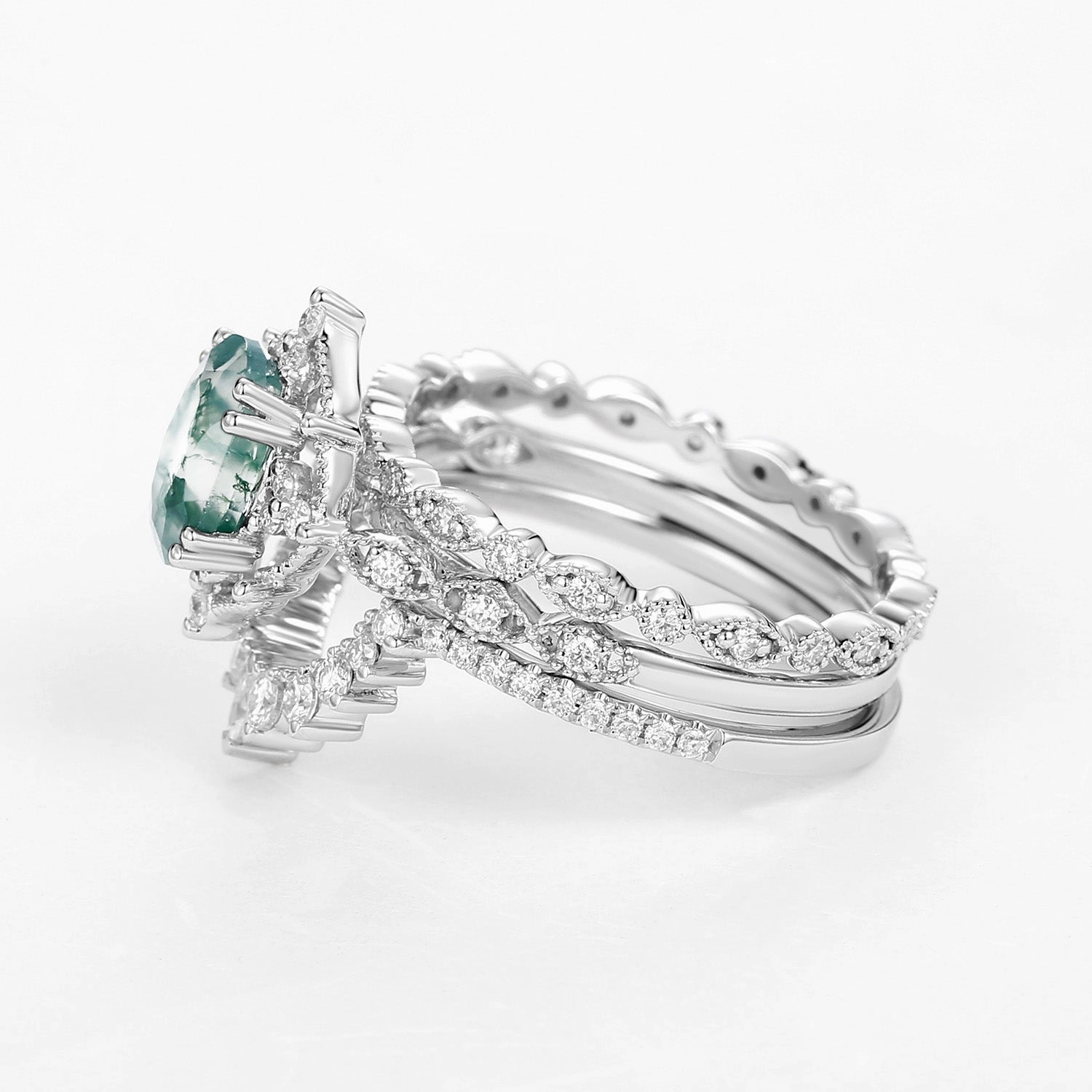 Modern Fashion Modern Twist 1.5ct Moss Agate Signature Vintage White Gold Ring Set 3pcs