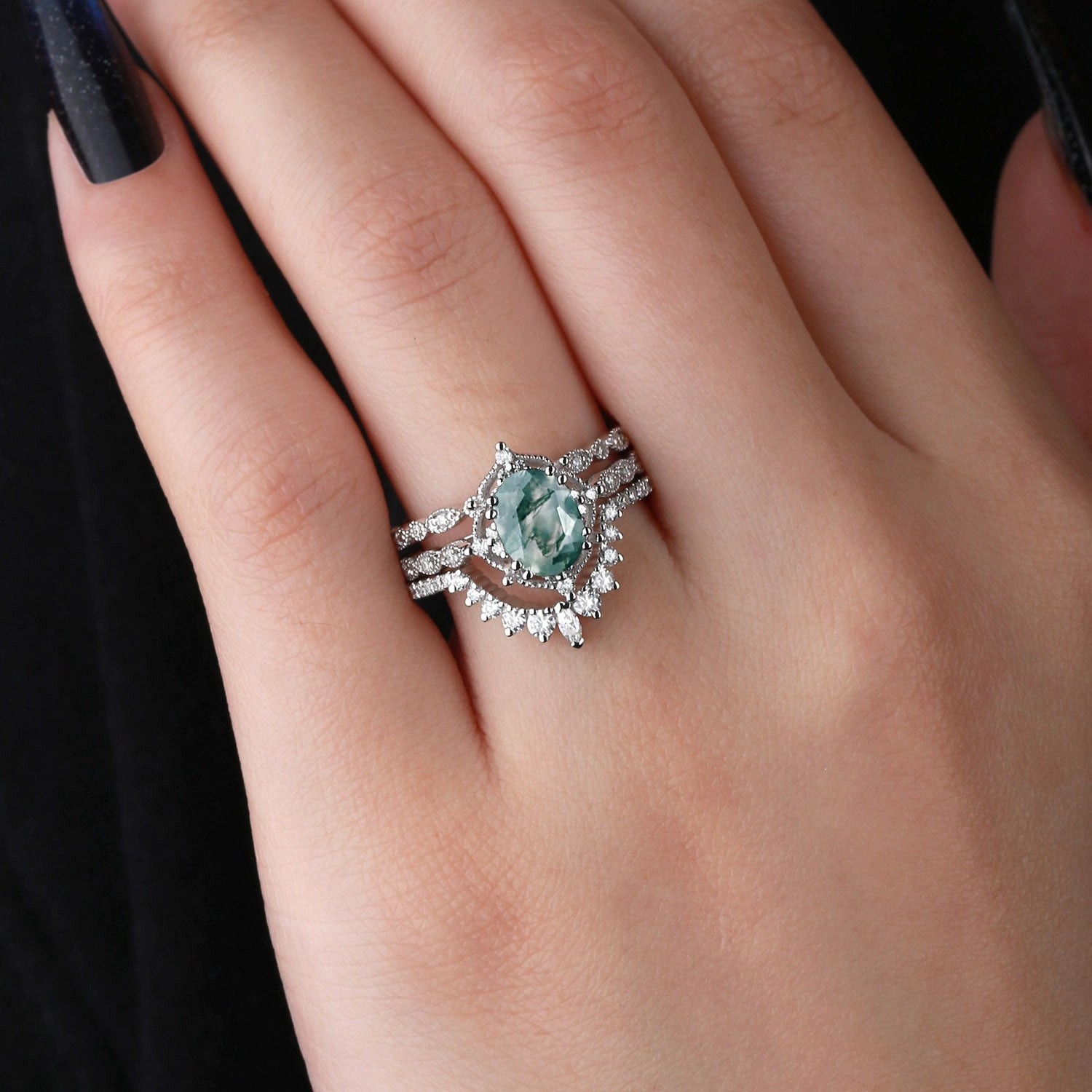 Elegant Shine Design Everyday Highlight 1.5ct Moss Agate Signature Vintage White Gold Ring Set 3pcs