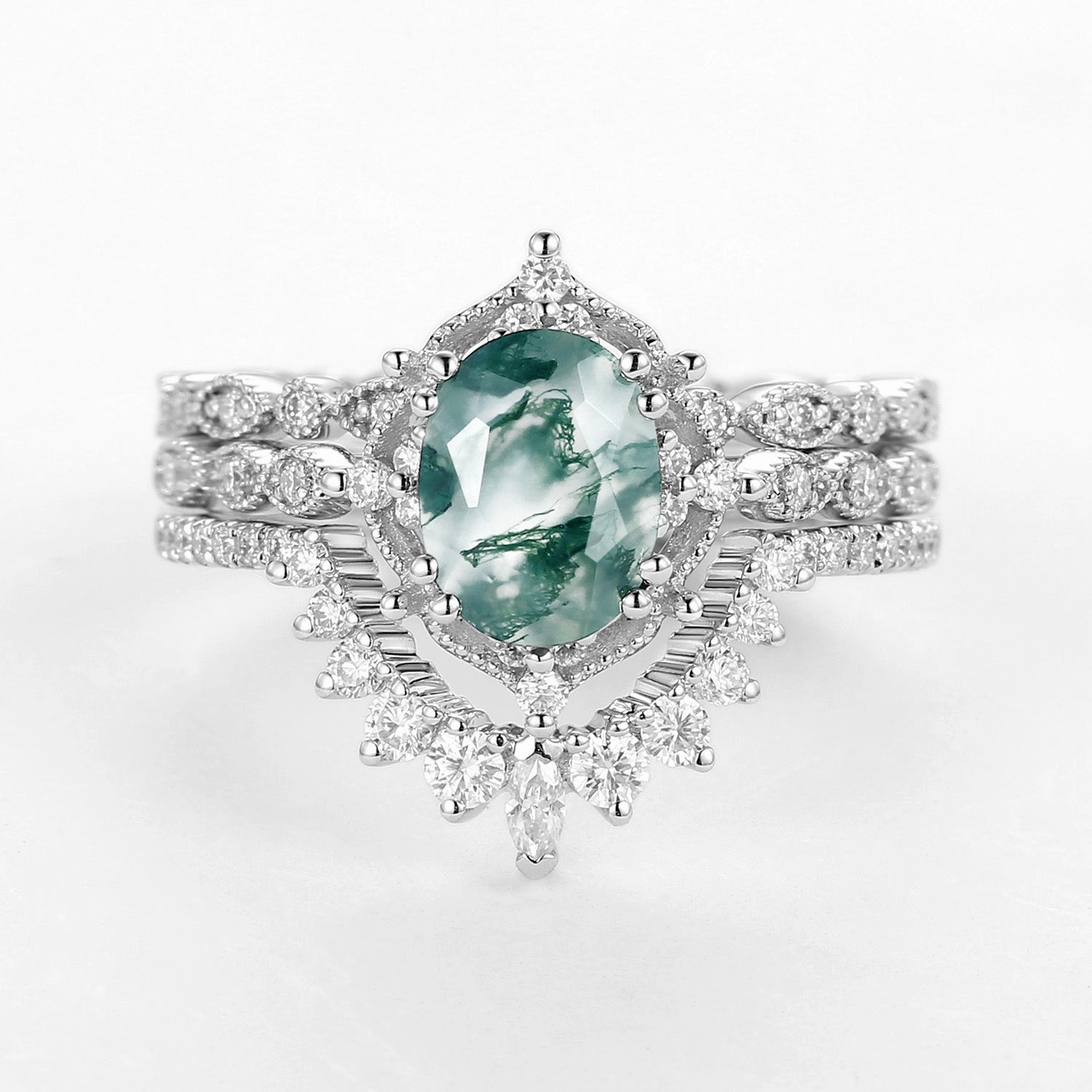 1.5ct Moss Agate Signature Vintage White Gold Ring Set 3pcs Luxury Contour
